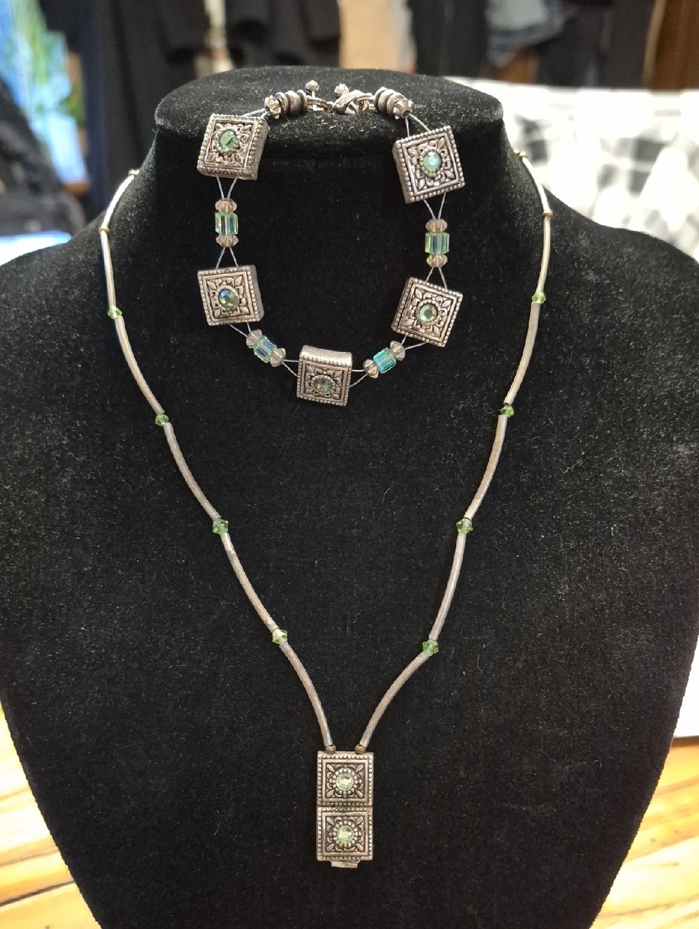Silver-Tone Necklace with Green Accent Pendant